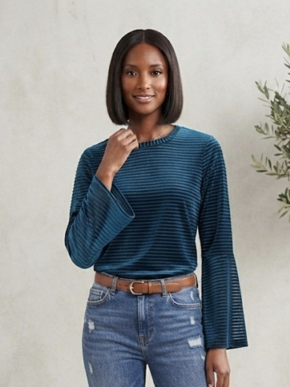 Michael Kors Teal Striped Velvet Long-Sleeve Top Size Small